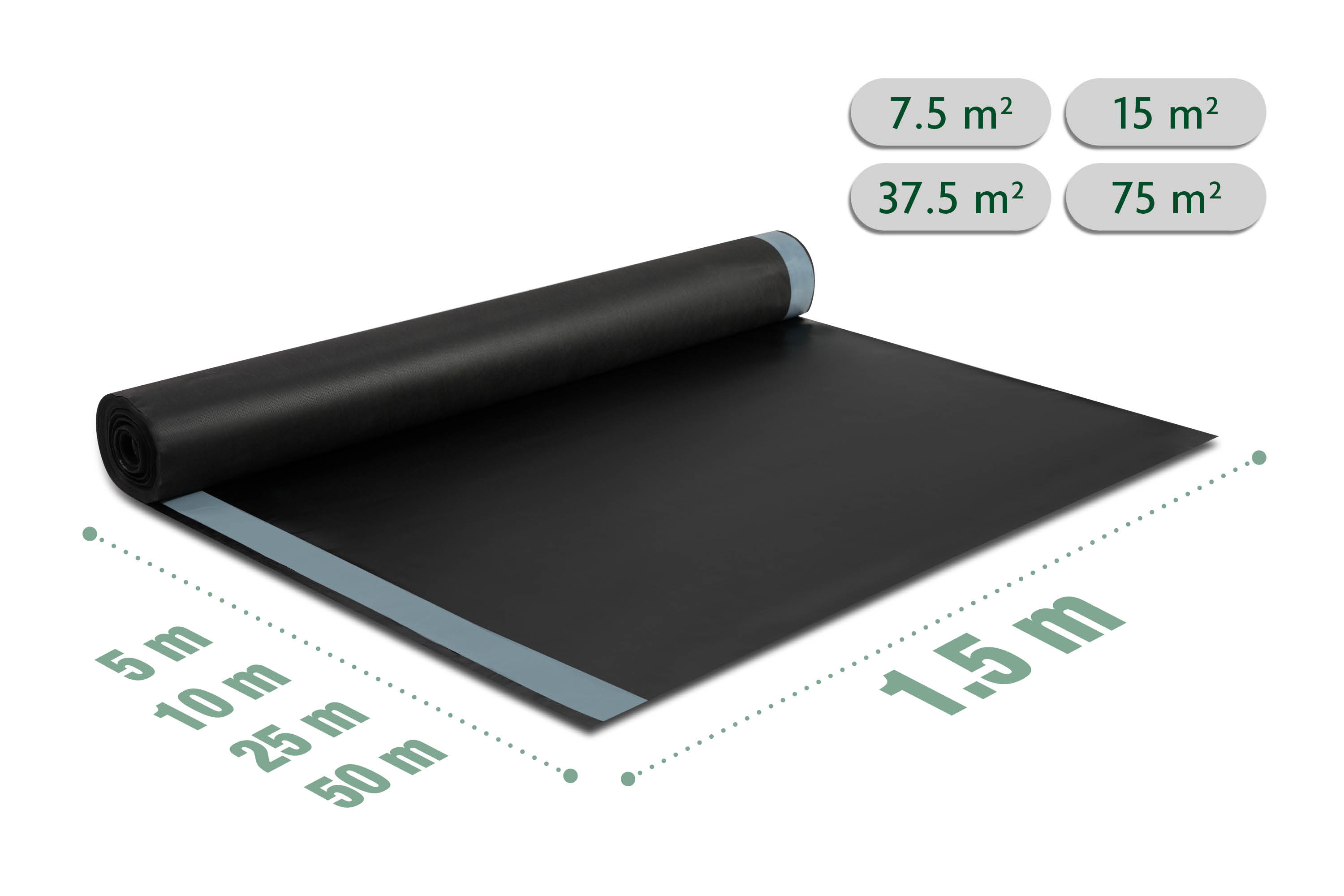 ALMO membranes in various roll lengths with measuring tape for custom project sizing